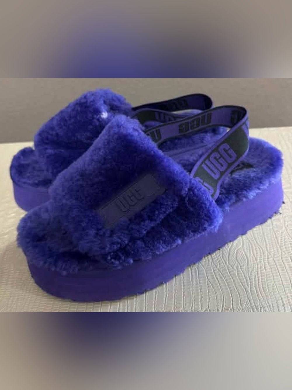 UGG Slip-on Open Toe Plush Faux Fur Shearling Slides Slippers Deep Purple 7